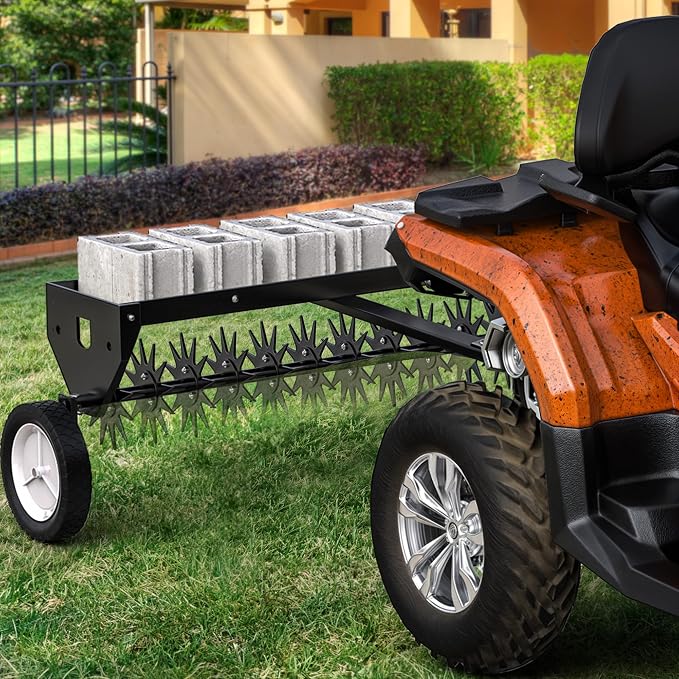 YITAMOTOR 40" Tow Behind Spike Aerator, Durable Lawn Aerator for Soil Penetrator with Transport Wheels & Galvanized Plug Coring Tines & Universal Hitch Tow Bar & Side Control Handle for ATV, Black