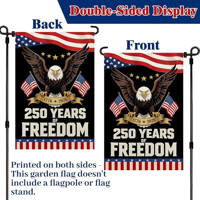 250 Anniversary USA Garden Flag, 12x18in Double Sided Waterproof Patriotic Eagle Flag 1776–2026, USA Outdoor Yard Decor