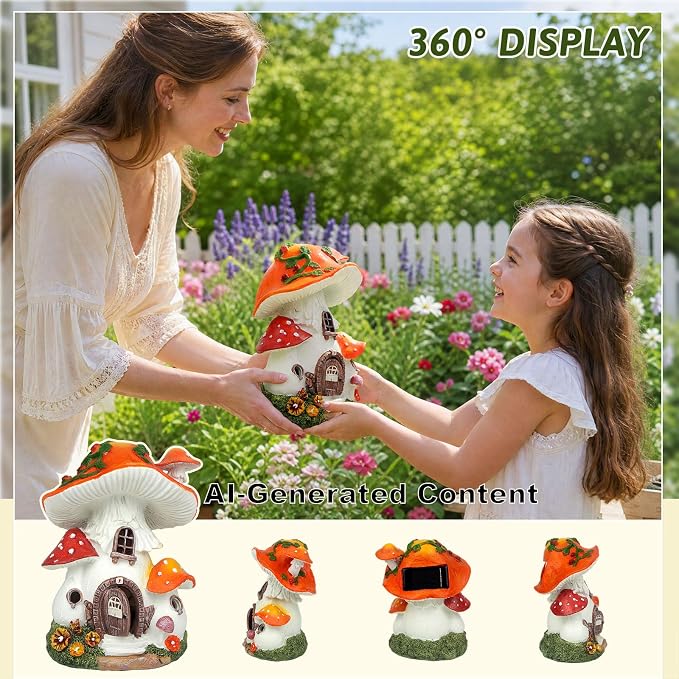 Solar Mushroom House Garden Decor, Fairy Garden Mushroom Cottage Figurines for Outdoor Lawn Patio Pathway Decoration, Gift for Women Mom Grandma