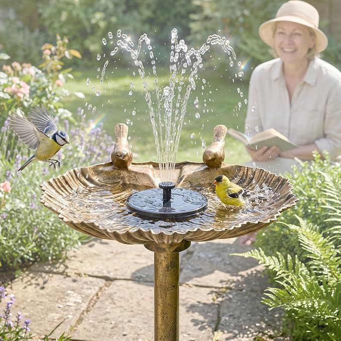 VINGLI Pedestal Bird Bath, Copper Resin Birdbaths Weather Resistant Floral Accents and Vintage Finish Garden Decor for Outdoor Lightweight Courtyard (Copper-Shell-Shaped with Solar Pump)