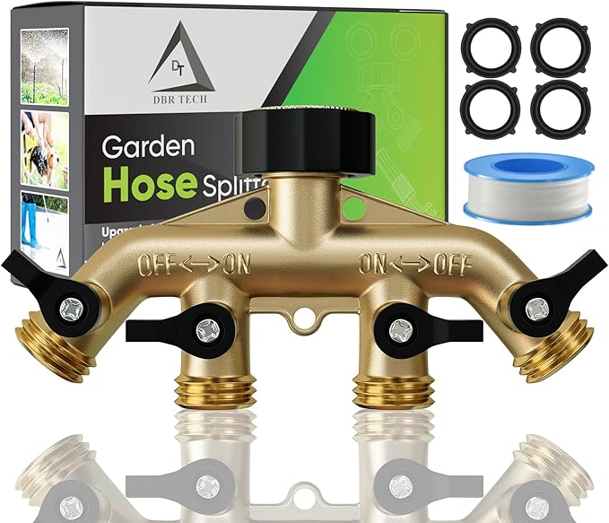 DBR Tech® Heavy Duty 4 Way Hose Splitter (Premium Brass for Superior Durability), Wye Garden Hoses Connector for Water Spigot Faucet Bib Tap, Y Adapter, Rust-Resistant Finish