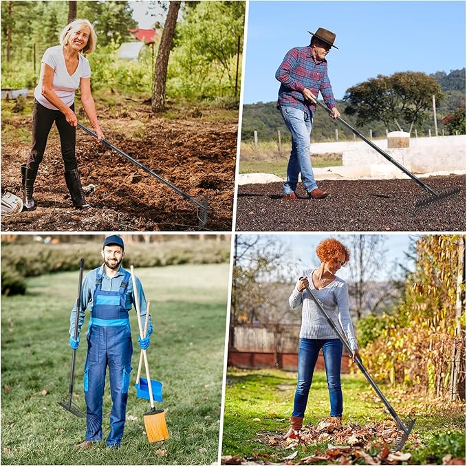 49'' Bow Rake Heavy Duty Garden Rake with Stainless Steel Handle, Tines Metal Head Rake Tool for Loosening Soil Gathering Leaf Leveling Lawn Farming Land Management Yarn Thatch Rake