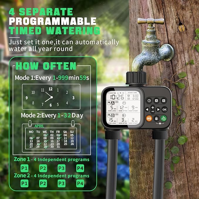 Sprinkler Timer for Garden Hose with Auto Rain Delay, 2 Zone Water Timer with 3.3“ Large LCD, IP54 Waterproof Drip Irrigation System Watering Timers for Plant, Yard, Lawns, Outdoor