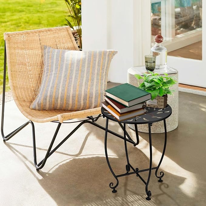 2 Pack Small Outdoor Side Tables for Patio, 14 Inch Metal Patio Side Table, Weather Resistant Steel Outdoor Round End Table for Patio Porch Garden Yard Balcony, Black (Turtle Leaf)