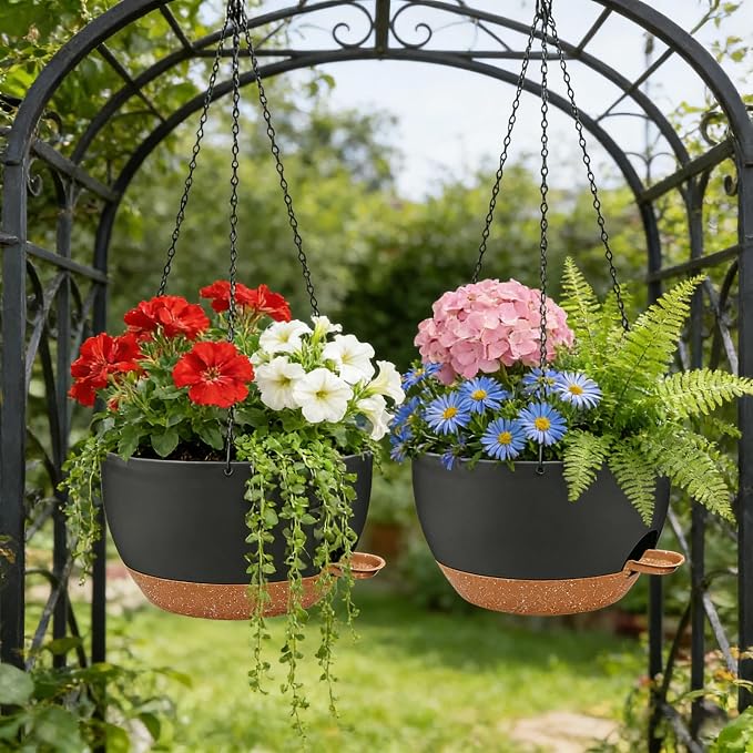2 Pack 12" Self Watering Hanging Planters, Black Brown with Chains | Plastic hanging baskets with 43 Oz removable reservoir, for indoor outdoor plants, patio porch garden balcony decor