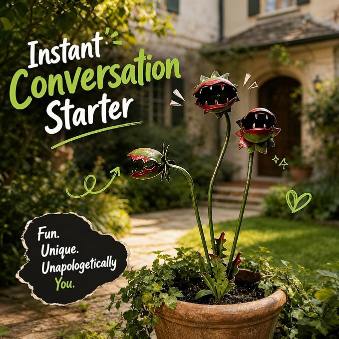 Metal Carnivorous Plant Garden Stake, Handmade Iron Venus Flytrap Yard Art, 25.2" Whimsical Flower Outdoor Sculpture for Garden Patio Lawn, Unique Gardener Gift
