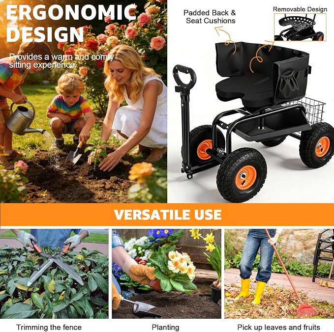 Rolling Garden Seat with Wheels, Adjustable 360° Swivel Workseat and Storage Basket, Extendable Handle, Outdoor Gardening Wagon Scooter