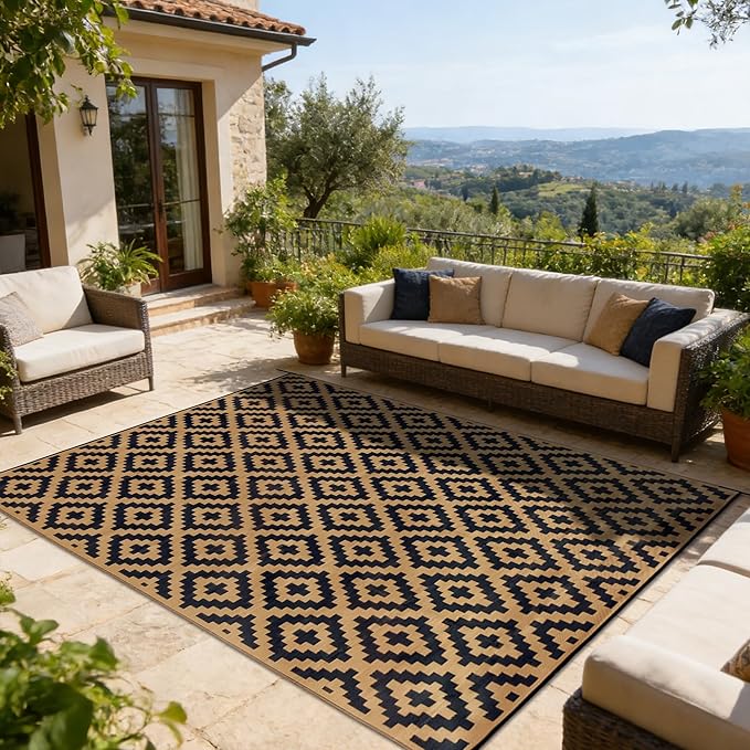 SAND MINE Reversible Mats, Plastic Straw Rug, Modern Area Rug, Large Floor Mat and Rug for Outdoors, RV, Patio, Backyard, Deck, Picnic, Beach, Trailer, Camping, Black & Brown, 10' x 14'