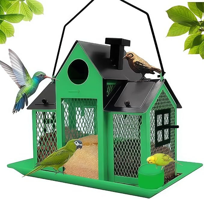 Solar Bird Feeders House for Outside Hanging, Metal Wild Bird Feeder for Outdoors Large Capacity Cardinal Birdfeeder Birdhouses Metal Bird Feeding Station Green