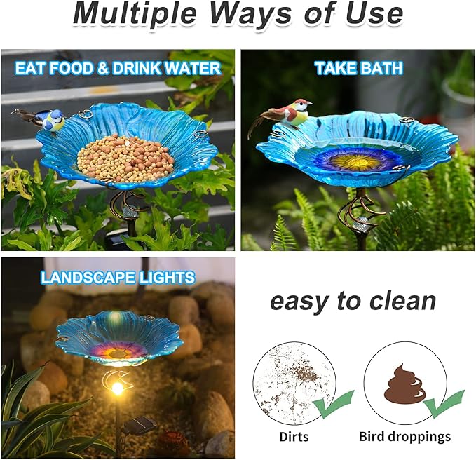 Homight Solar Glass Blue Bird Bath, Yard Art，Garden Outdoor Birdbath with Metal Stake with White LED Light Metal Stake Garden Decor Gift