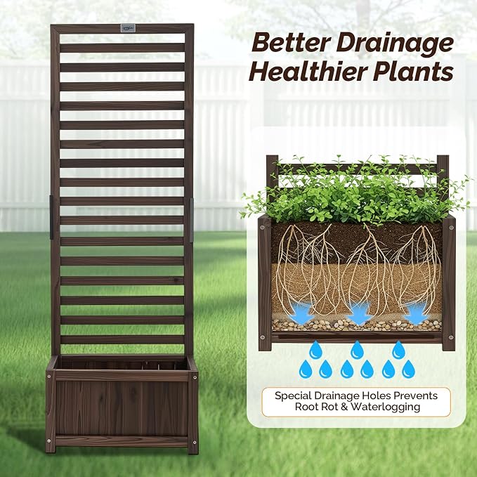 VINGLI Wooden Planter with Trellis, 51" Height Elevated Garden Beds Outdoor, FreeStanding Planter Box with Drainage Holes for Flower, Vegetable, Fruit, Herb in Garden, Patio, Balcony - 2PCS