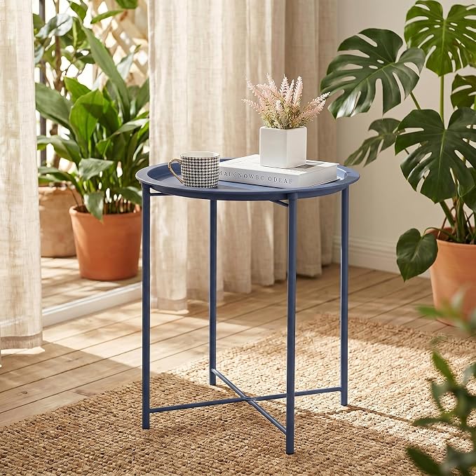 VECELO Side/End Table, Folding Round Metal Anti-Rust and Waterproof Outdoor or Indoor Tray for Living Room Bedroom Balcony and Office, 1 PCS, Blue