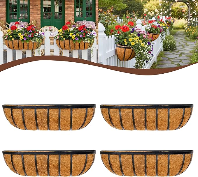 4 Pcs 36“ Railing Planter Window Box Deck Railing Planter Boxes with Coco Liner English Horse Trough Planters Metal Wall-Mounted Planters Basket for Outdoor Balcony Porch Fence Patio Rail