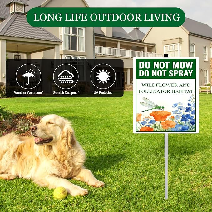 Do Not Mow Do Not Spray Wildflower and Pollinator Habitat Yard Sign With Stakes Rustproof Reflective Aluminum Pollinator Friendly Dragonfly Garden Sign Stand Outdoor 8X12 IN