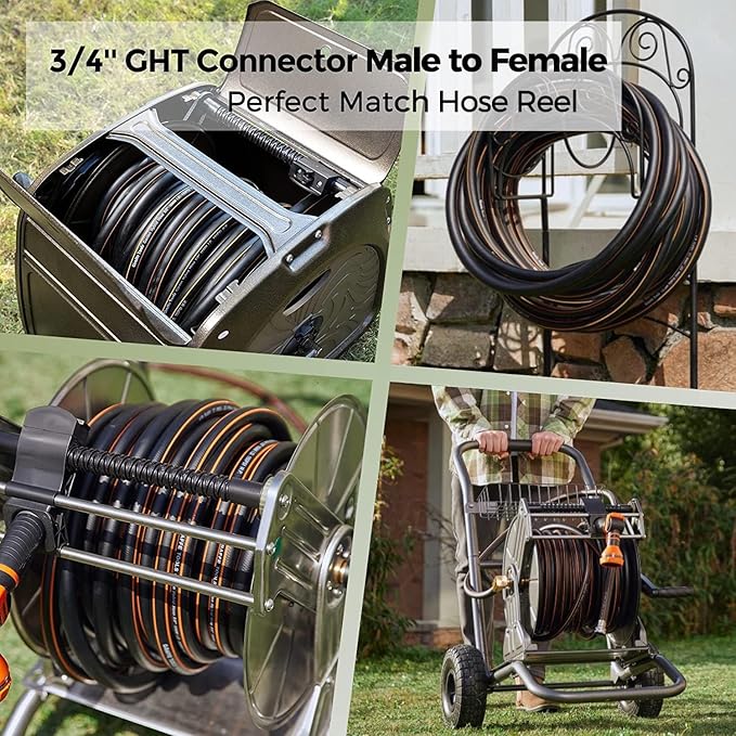 Giraffe Tools Garden Hose 5/8" Custom Length, No Kink, Flexible, Leakproof Water Hose, 600 Burst PSI, 100ft Male Female Fittings,Black Orange