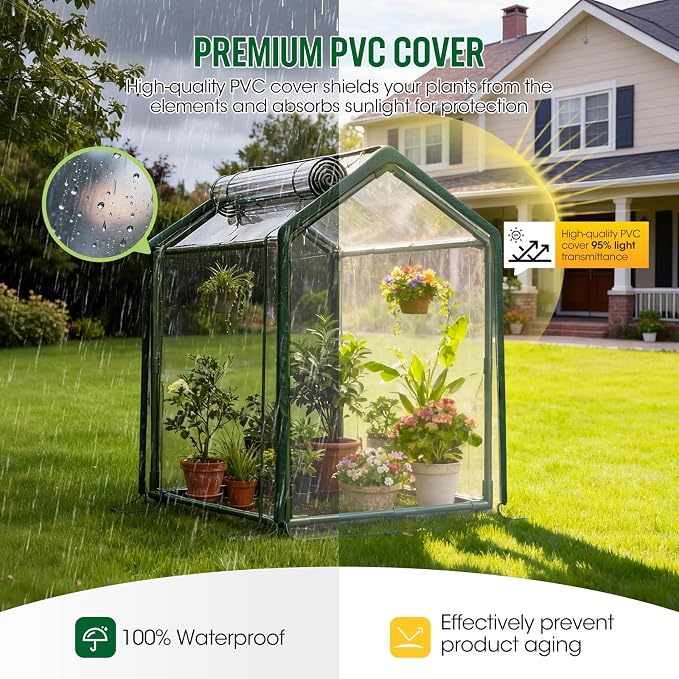 Mini Greenhouse with Zippered Doors & Roll-up Windows, Elevated Bottom Portable Plant Hot House with Durable PVC Cover, Water Resistant, UV Protected for Outdoor Flowers, Vegetables
