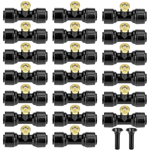 20 Pack Brass Mister Nozzles with 20 Pack Misting Nozzle Tees with 2 Pack End Plugs for Outdoor Cooling System Patio Misting System