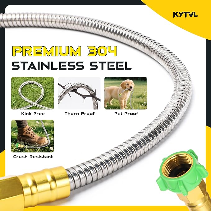 5FT Short Garden Hose Female to Female – Stainless Steel Leader Hose for Hose Reel, Kink-Free Flexible Metal Water Hose, Leakproof Durable Designy for Outdoor Garden, Pet Washing, Car
