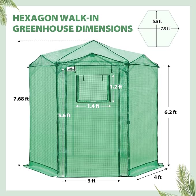 EAGLE PEAK 6.6x6.6 Portable Walk in Greenhouse, Pop Up Indoor Outdoor Greenhouse, Green House Kit with Zippered Roll-Up Doors and Windows, Hexagon Design, PE Cover, Clear/Green