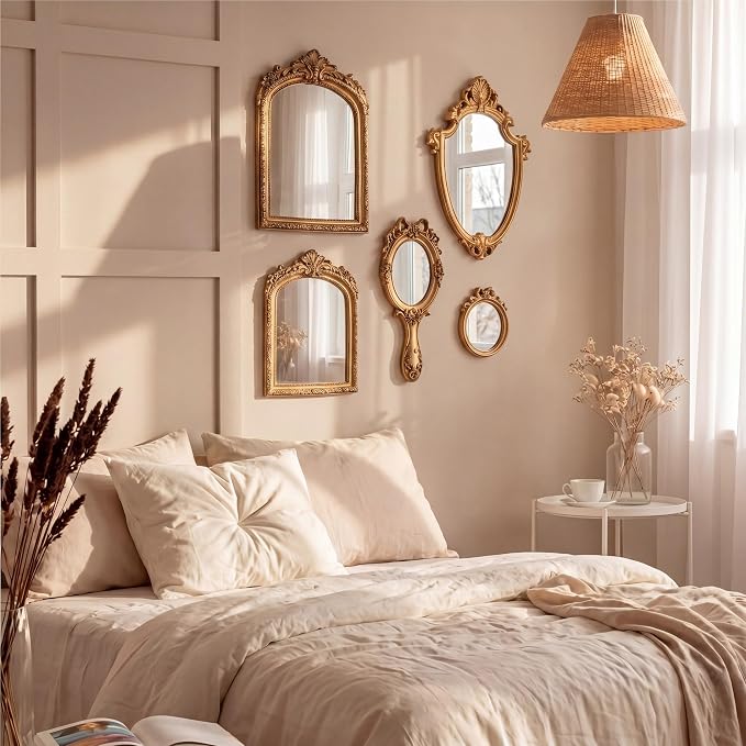 5 Pcs Vintage Gold Mirror Luxury Set Small Gold Mirrors Vintage Gallery Wall Mirror Hanging Antique Art Decor for Wall Living Room Entryway Assorted Sizes(Classic Style,13in/8in/7in/4in)