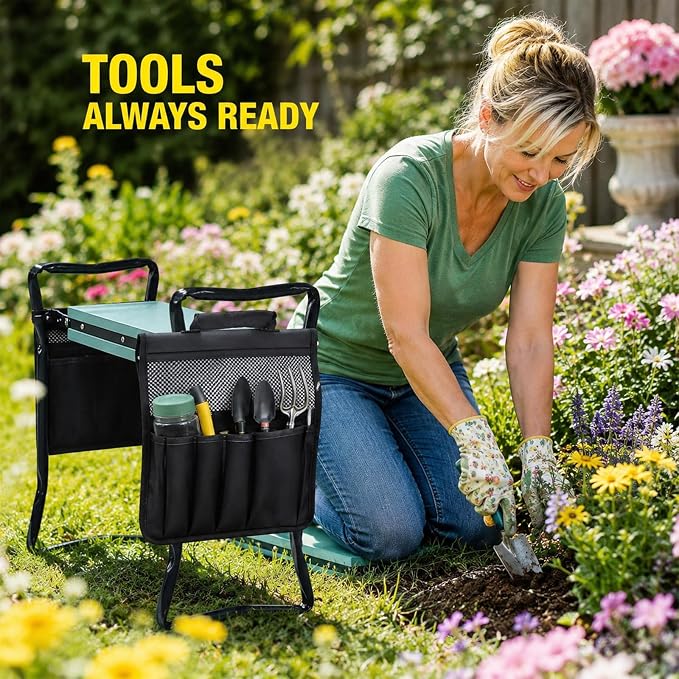 1 Pack Garden Pouches for Kneeler, Portable Tool Storage With Handle, Size Bags Multiple Storage Pockets Organizer for Outdoor Gardening Kneeling Stool, Gifts for Women,Mom & Dad Nylon and Latex