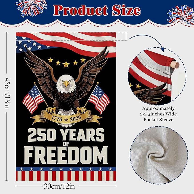 250 Anniversary USA Garden Flag, 12x18in Double Sided Waterproof Patriotic Eagle Flag 1776–2026, USA Outdoor Yard Decor