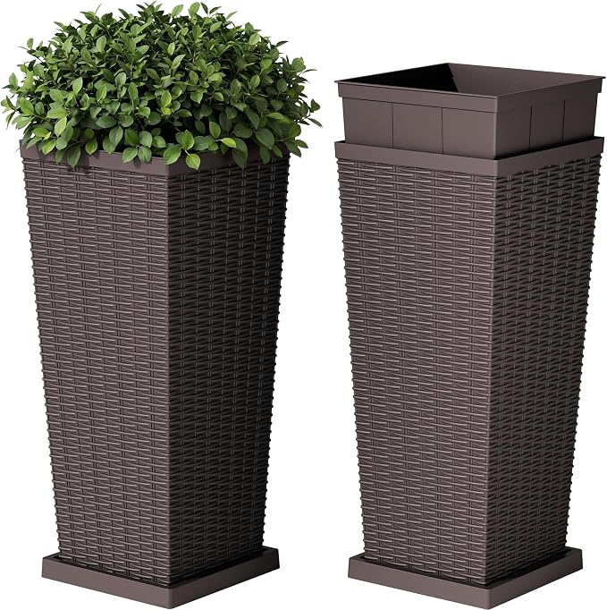 Devoko Resin Tall Planters for Outdoor Plants Set of 2, Large Taper Outdoor Planter Pots with 4 Drainage Holes, Flower Pots Modern Decor for Porch, Patio, Backyard, Garden(Brown, 30''with Trays)