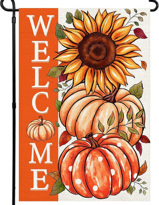 Sunflower Pumpkin Garden Flag 12x18 Inch, Double Sided Autumn Thanksgiving Burlap Flag for Yard Outdoor Decoration