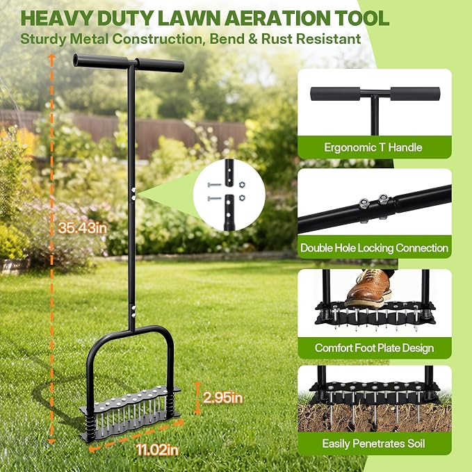Manual Aerator Lawn Tool, Heavy Duty 35" Lawn Aerator Tool with T-Handle, 14 Spikes Automatic Rebound Aerating Tool, Anti-Clog Aerators Detachable Soil Aeration for Garden Lawn, Yard, Patio and Grass