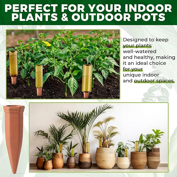 6 Pcs 17oz 25oz 34oz Plant Watering Devices 3 Terracotta Self Watering Spikes 3 Plastic Bottles Slow Release Vacation Planter Insert Automatic Water System for Indoor Outdoor Potted Plant
