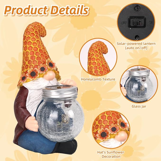 Lyeasw Birthday Gifts for Men Idea - 10 Inch Solar Gnome Gift Sunflower Garden Statue Resin Birthday Anniversary Gardening Gift for Women Mom Grandma Housewarming