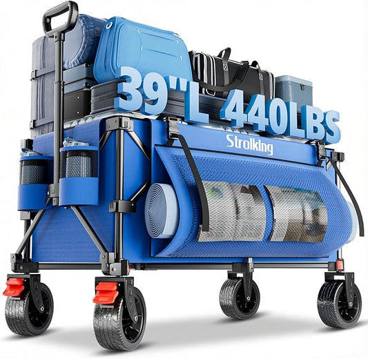 220L Collapsible Wagon Cart, 39" L Extended Frame and 440Lbs Heavy Duty, Lightweight 15lbs Folding Garden Cart with Silent All-Terrain Wheels for Beach, Camping Grass and Grocery, Blue