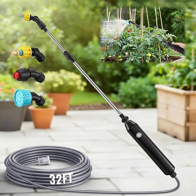 Battery Powered Sprayer Wand, 32 FT Hose, 32 Inch Electric Pump Sprayer with 3 Adjustable Speeds, Battery Indicator, Rechargeable Garden Sprayers for Plant Watering, Cleaning & Outdoor Use