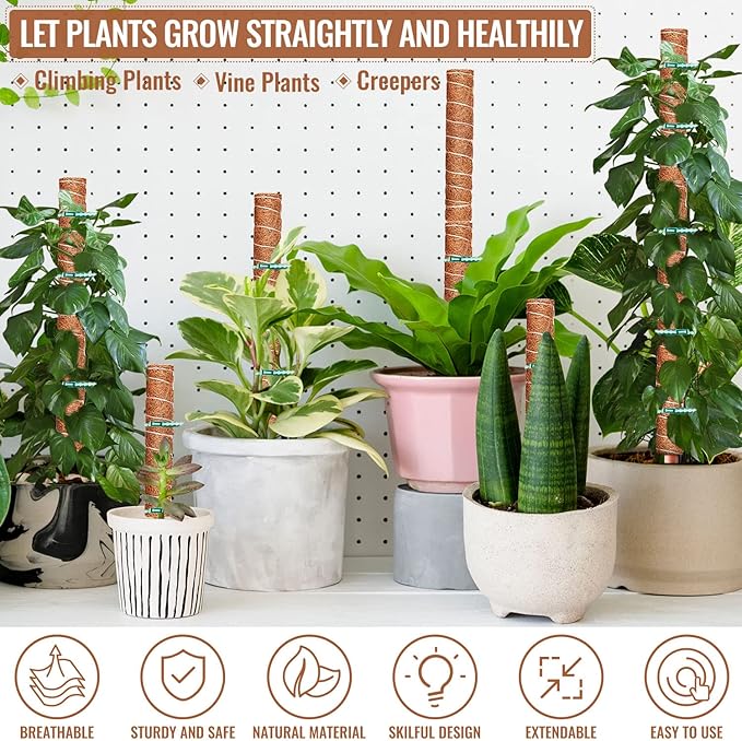 8 Pcs 12 Inches Coir Totem Pole With 16 Pcs Adjustable Plant Twist Ties - Moss Stick for Creepers Plant Support Extension, Climbing Indoor Plants