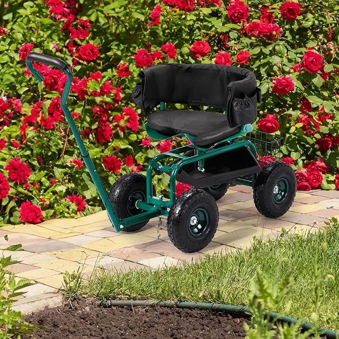VINGLI Rolling Garden Stool with Seat and Extendable Handle, Gardeners Tool Seat with Wheels and Extra Storage, Gifts for People with Bad Knees (Green)