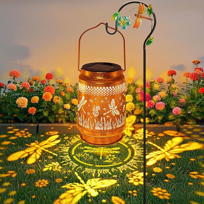 Solar Lanterns Outdoor Waterproof Dragonfly Garden Decor, Birthday Gifts for Women Mom Grandma, Hanging Solar Lights Metal LED Decoration with Shepherd Hook Outside for Yard Patio Lawn Porch