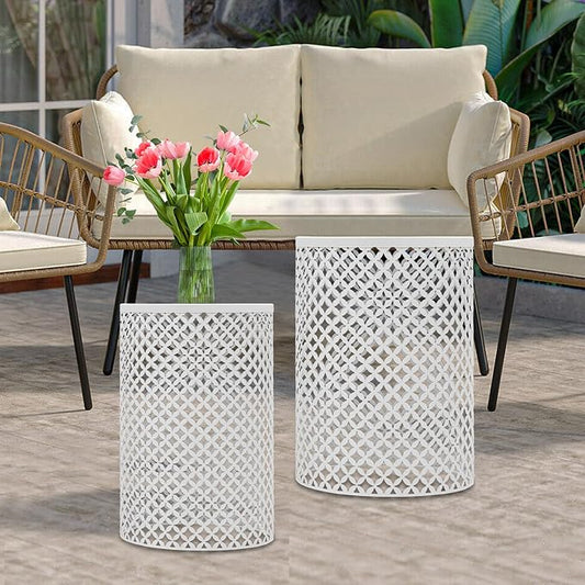Set of 2 Outdoor Side Table, Garden Stool for Patio, Metal Accent Table Modern End Table, Patio Side Table for Garden, Balcony, Bedroom Indoor Outdoor Decorative, Cream White