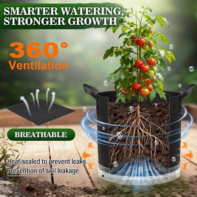 5 Pack 5 Gallon Self-Watering Grow Bags, Thick Nonwoven Fabric Pots with Support Rings and Reinforced Handles, Self-Watering Planters with Bottom Reservoir for Tomatoes Peppers Potatoes and Vegetables