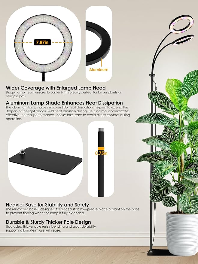 GLOWRIUM Grow Lights for Indoor Plants, Full Spectrum LED Grow Light, Stepless Dimming,3 Lighting Mode and Adjustable Height, Plant Light with 3/9/12/16H Timer (Black, Dual Heads)