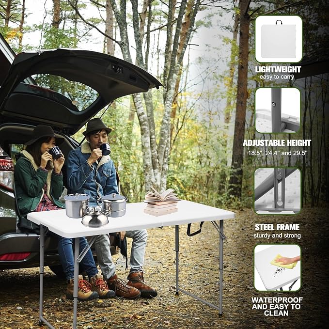 Byliable Folding Table 4 Foot Portable Heavy Duty Plastic Fold-in-Half Utility Table Small Indoor Outdoor Adjustable Height Folding with Carrying Handle, Camping and Party,White