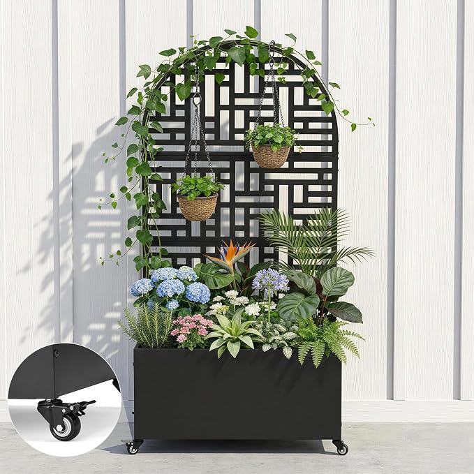 VINGLI 71″H Metal Raised Garden Bed with Trellis and Wheels, Outdoor Planter Box with Drainage Holes for Climbing Plants, Vegetables and Vines, Privacy Screen, for Patio, Backyard and Balcony, Black