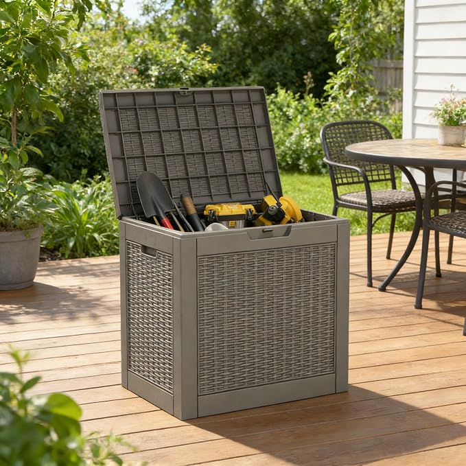 Outdoor Storage Box, 31 Gallon Resin Deck Boxes Outdoor Waterproof For Patio Furniture, Garden Tools, Pool Supplies, Lockable And UV Resistant (Rattan Gray)