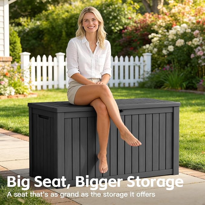 Mars Villa 180 Gallon Outdoor Storage Box, Large Waterproof Resin Deck Box for Patio Furniture Cushions, Pool Supplies, Gardening Tools, Lockable Storage Container, Weatherproof, UV Resistant, Black