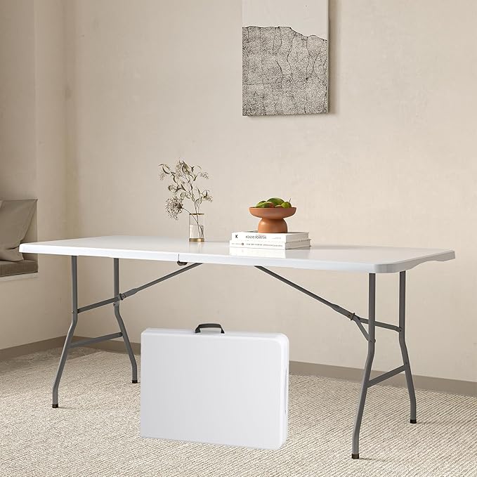 6FT Folding Picnic Table for Outdoor, No Assembly Required Portable, White Foldable Table for Camping, Parties, with Carrying Handle (White, 1 Pack)