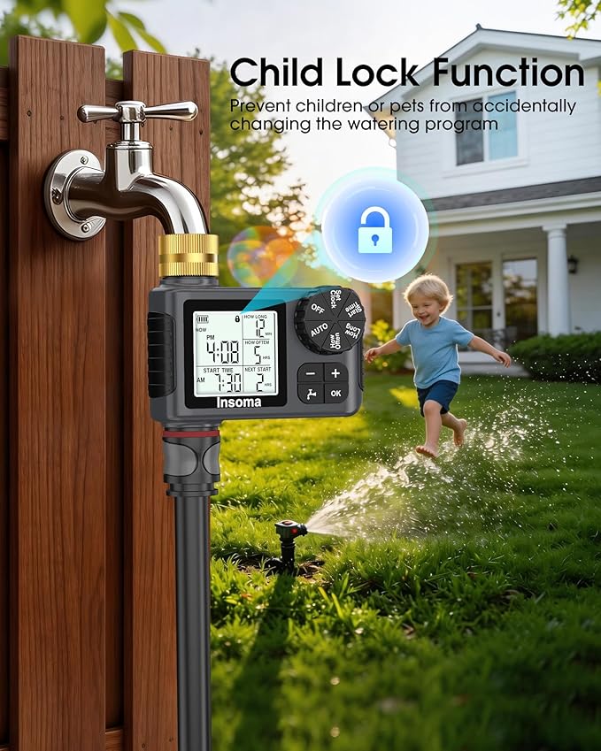 Water Timer for Garden Hose with Brass Inlet, 1 Outlet Sprinkler Timer with Auto/Manual/Rain Delay Mode, Large LCD Display, Easy Programming Hose Timers for Lawn Garden Yard Vacation Watering