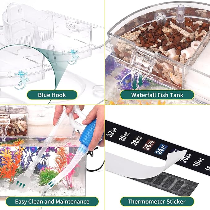 Betta Fish Tank Kit, 2.5 Gallon Aquarium Self-Cleaning with LED Light, Filter, Heater, Decorations and Accessories - Ideal for Hydroponic Growing System and Aquaponics