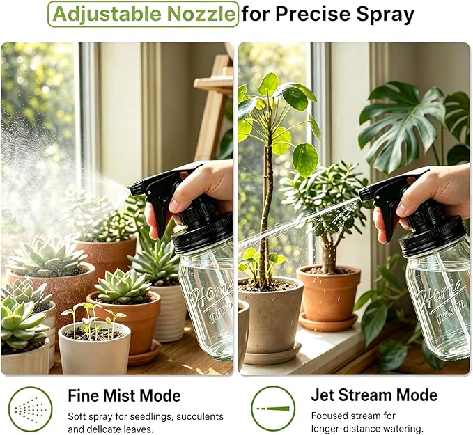 Glass Plant Mister Bottle -16 oz Vintage Style Mason Jar Fine Mist Sprayer - Refillable Leak Proof Water Spray Bottle for Plants, Gardening, Decorative with Adjustable Mist Nozzle (Clear)