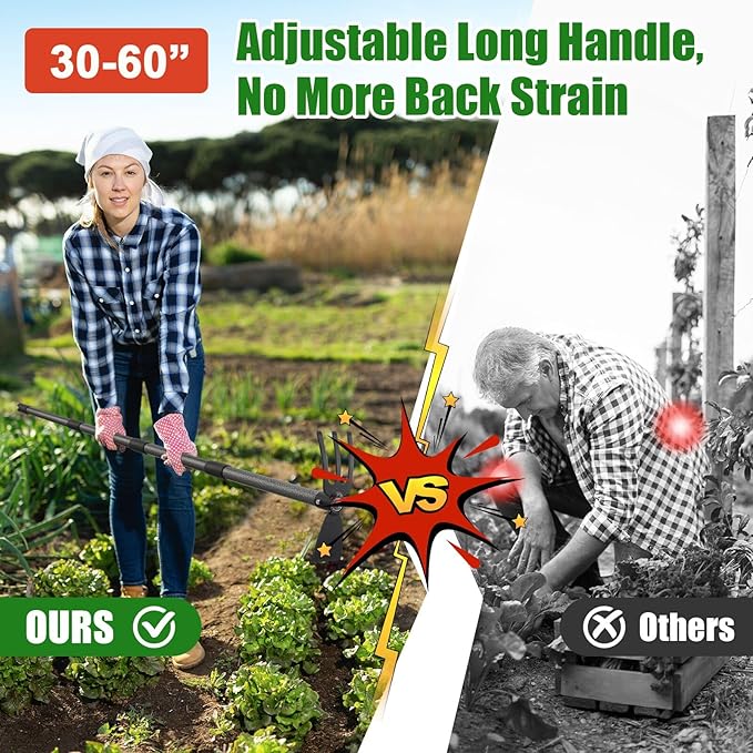 Garden Hoe with 3-Tine Cultivator Rake, 2-In-1 Carbon Steel Sharp Weeding Tool with 60 " Long Handle For Weed Removal, Soil Loosening, Planting,Cultivating In Raised Flower Beds,Vegetable Gardens