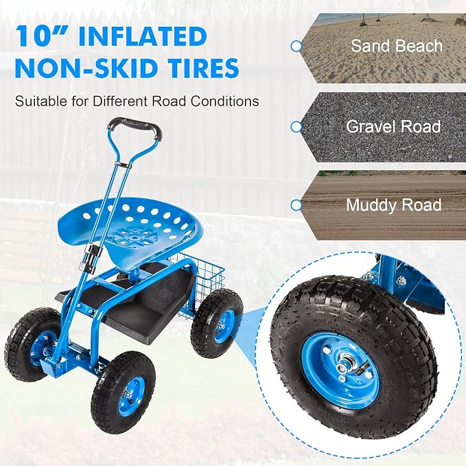 KINTNESS Garden Cart with Rolling Work Seat Tool Tray and Storage Basket on Wheels Heavy Duty Garden Scooter Gardening Planting (Blue)