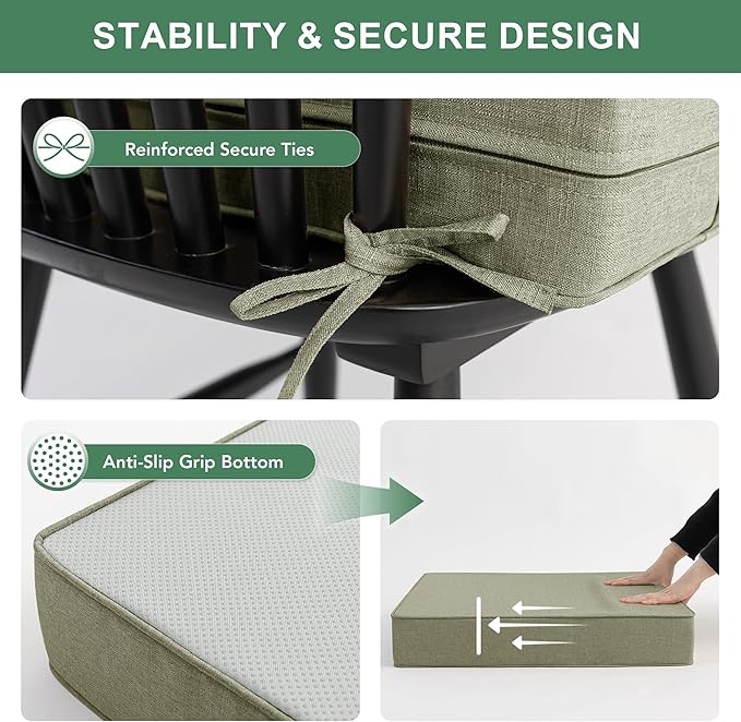 Summsun Water Resistant Outdoor Chair Cushions, Faux Linen Backrest and Seat Cushion Set with Ties, Removable Cover, Non-Slip Bottom for Patio Furniture, 19 x 19 Inch, Mocca Green, Set of 2
